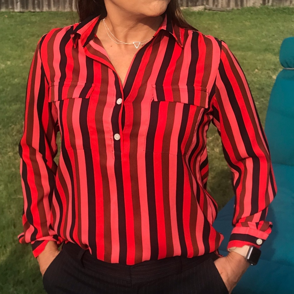 Ann Taylor Petite Long Sleeve Stripped Shirt XSP